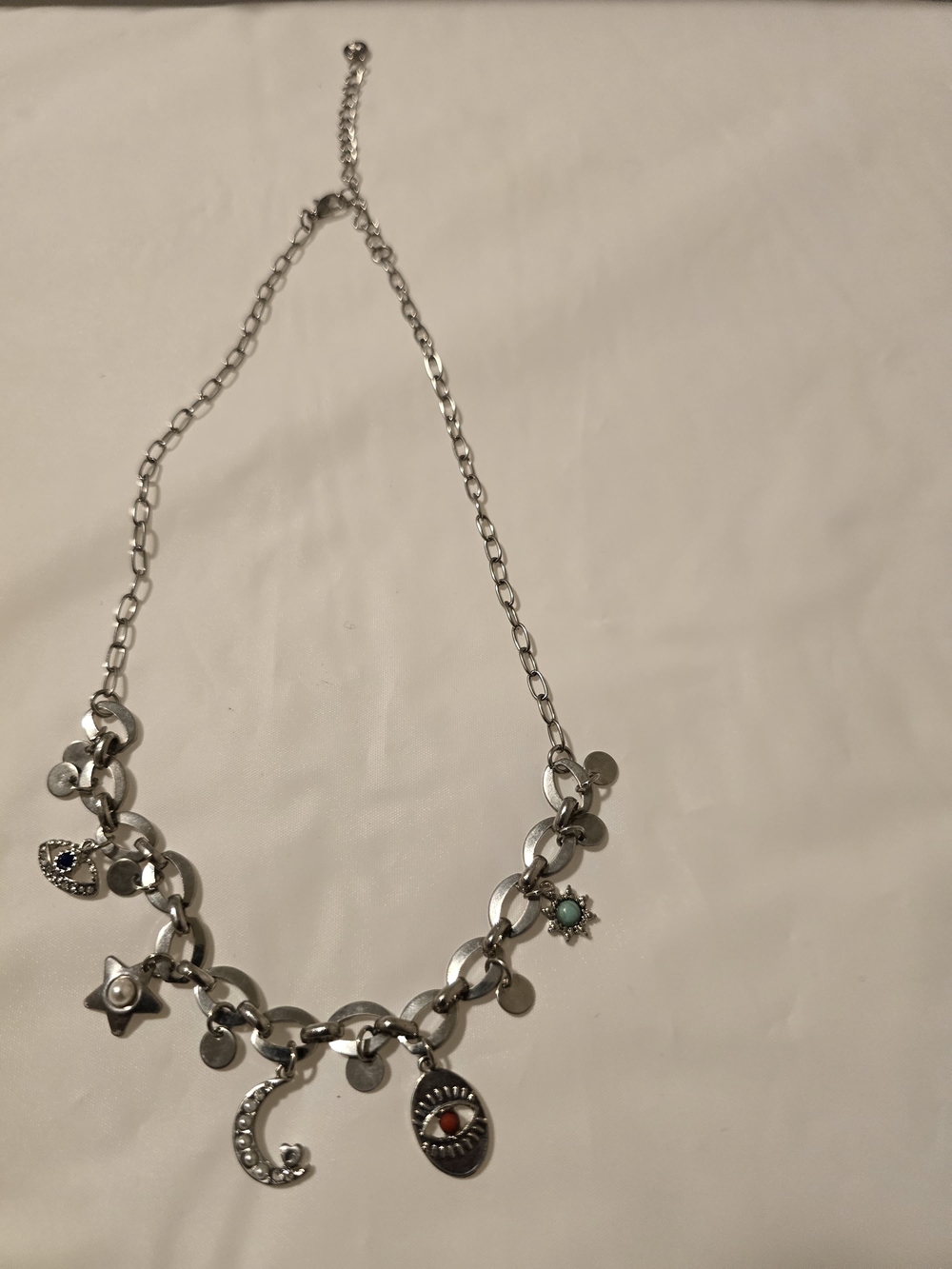 Silver Charm Pendant Statement Necklace - Silver